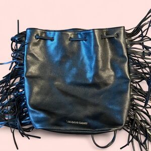 Victoria's Secret black faux leather fringe bucket bag backpack.